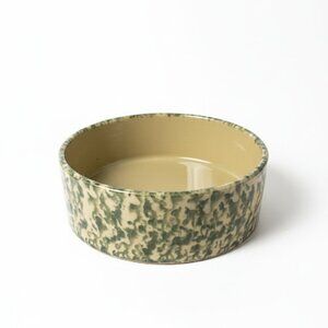 Rustic Green Tan Sponge-Pattern Ceramic Speckled Stoneware Bowl 6-Inch